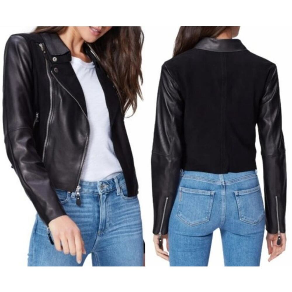 PAIGE Silvie Black Leather Suede Zip Cropped Moto Jacket‎ 2141787-1086 Small